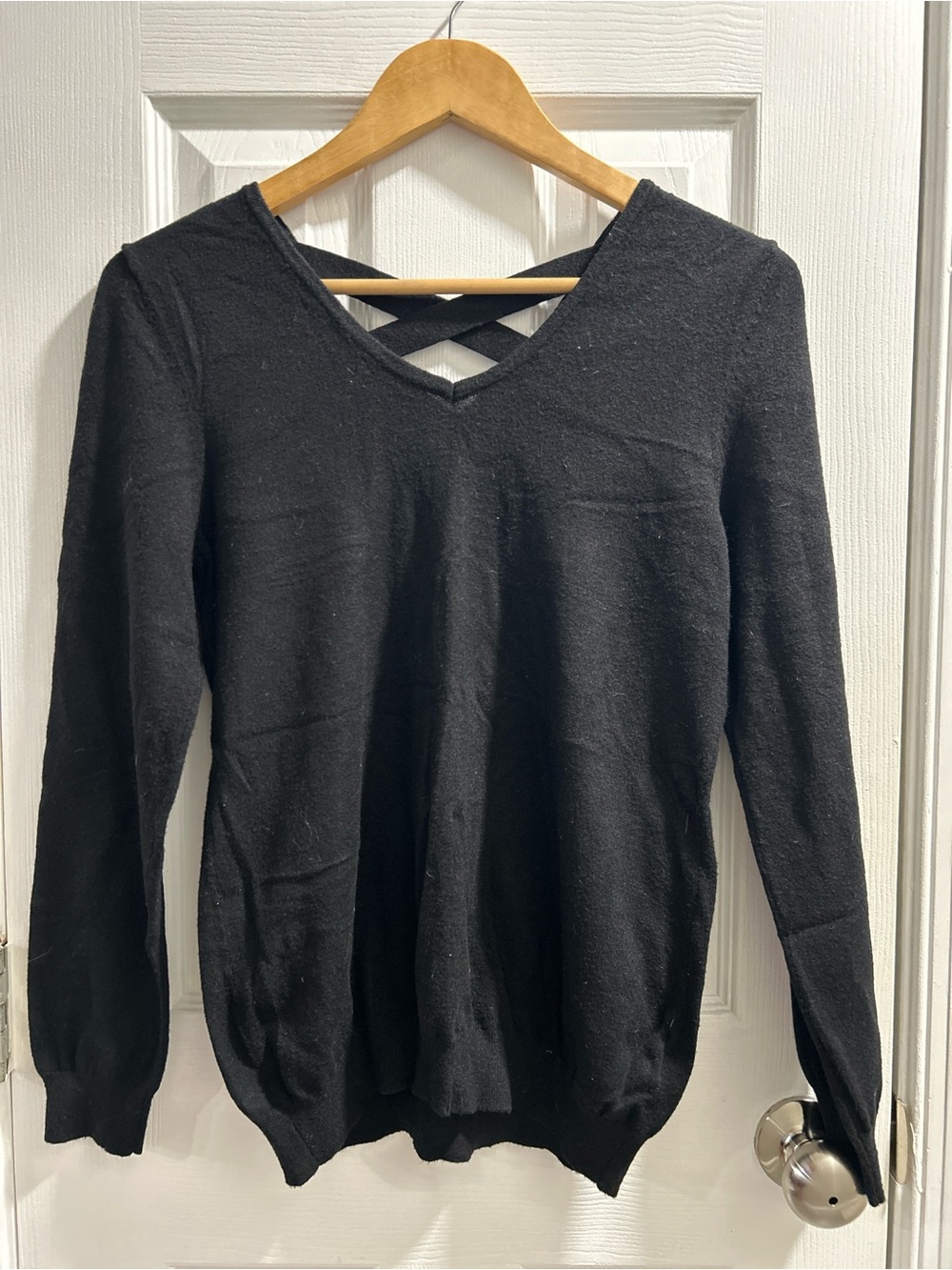 Women's Black V-Neck Long Sleeve Top with Crisscross Back